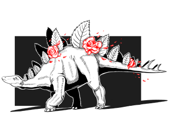 A stegosaurus with rose leaves as spikes and flowers in between.