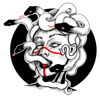 A medusa with a snake coming out of her mouth.