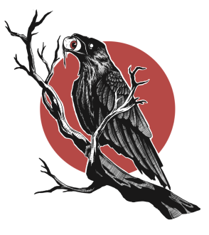 A raven sitting on a branch with an eye in its mouth.